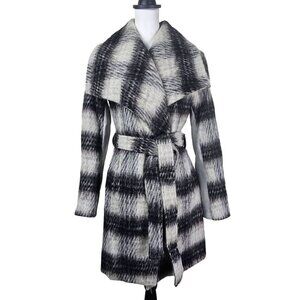 BCBGeneration Black Plaid Wool Wrap Coat Sz XS Belted Shawl Collar Mid-Length